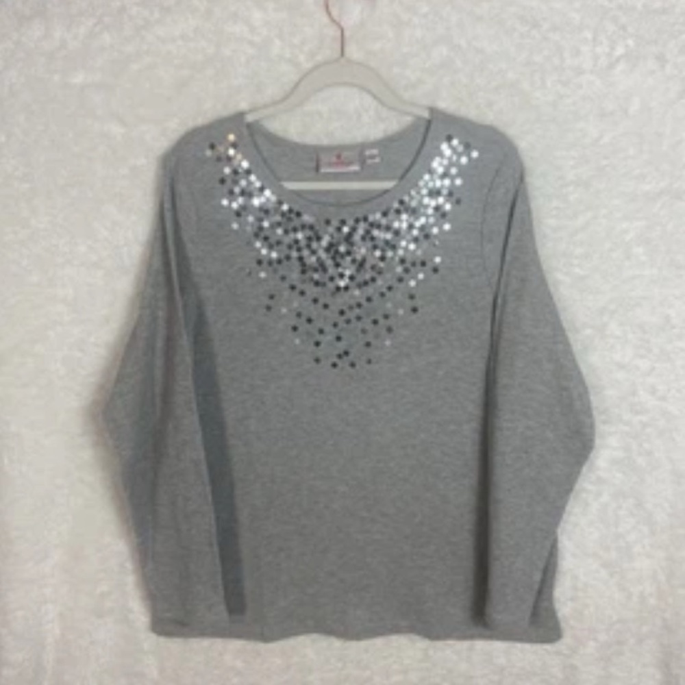 Quacker Factory Gray Sequin Embellished Thermal Top Women’s L Grunge Glam Y2K